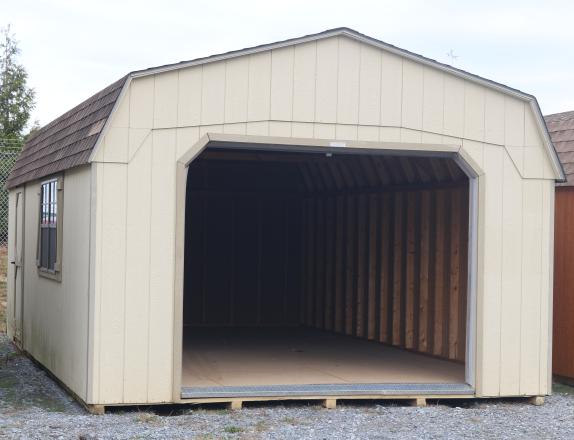 Pine Creek 14x24 Dutch Garage with Beige walls, Buckskin trim and Buckskin Z-Style shutters, and Barkwood shingles